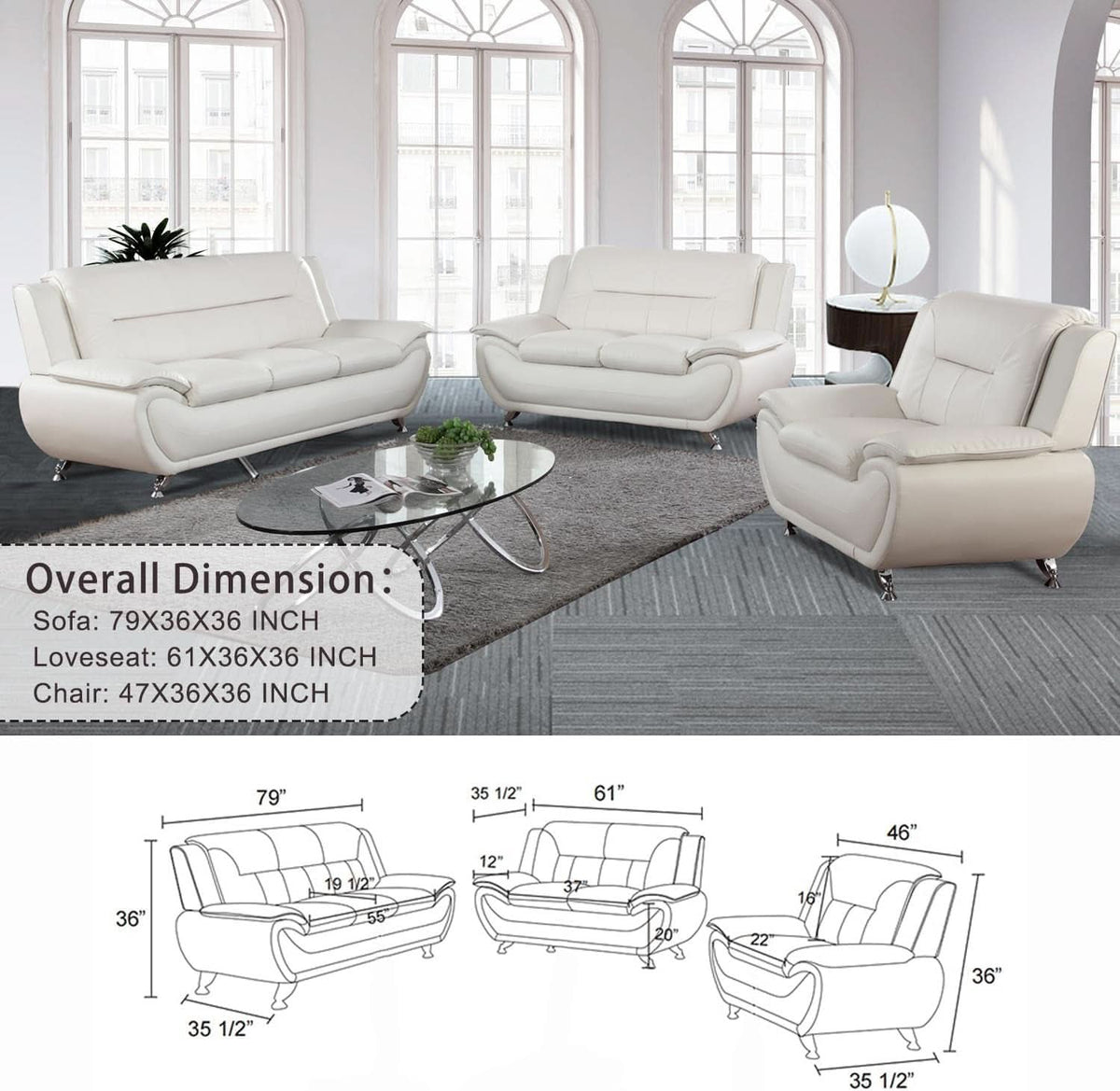 Faux Leather 3 Piece Modern Living Room Sofa Set White