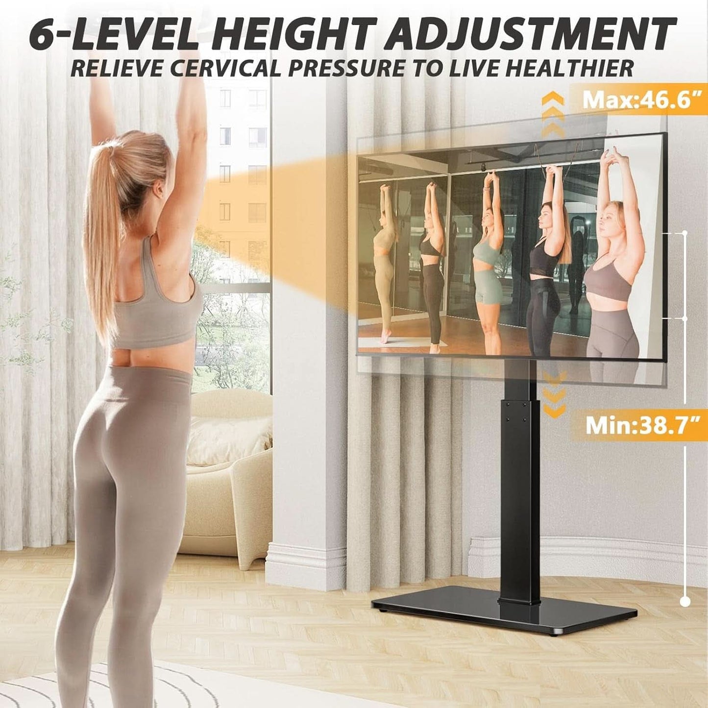 Black Floor TV Stand Tempered Glass Height Adjustable