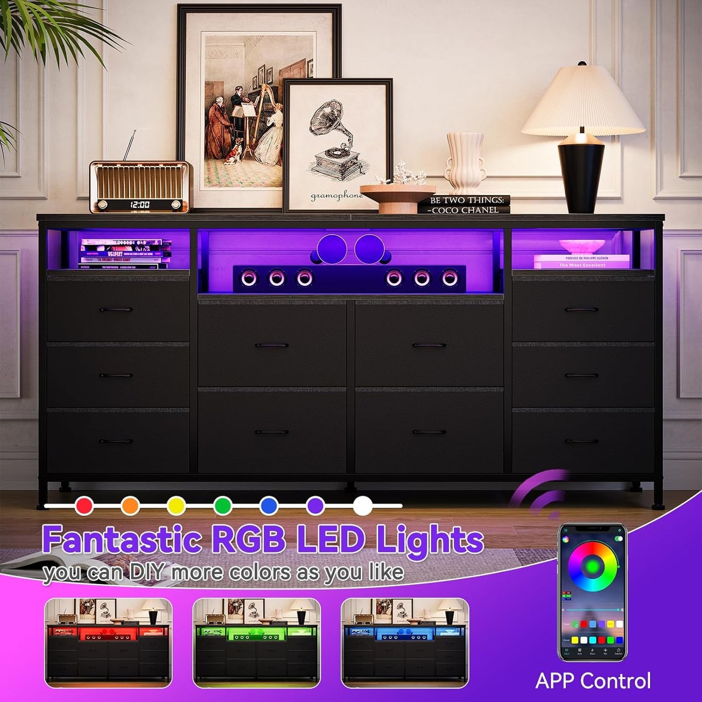 63 Inches Black Dresser TV Stand Entertainment Center