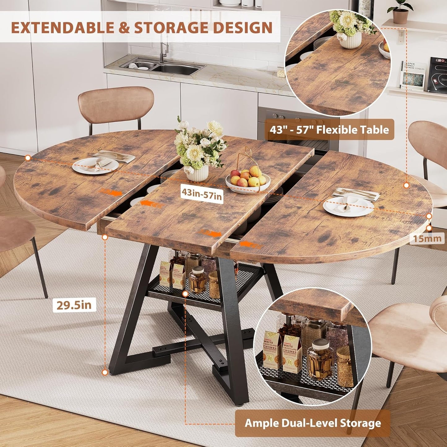Expandable Oval Dining Table With BuiltIn Storage System