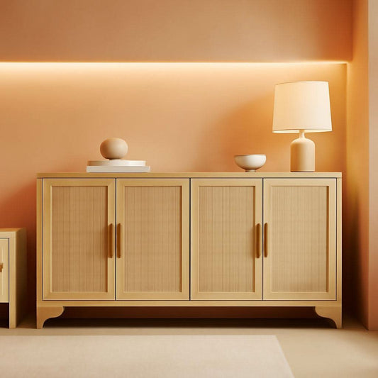 Natural Rattan Four Door Sideboard Cabinet Engineered Wood-0