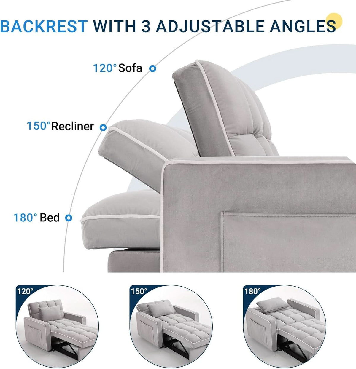 Grey Sleeper Sofa Bed Chair Three Level Adjustable Backrest
