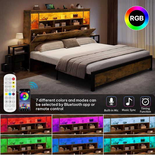 Queen Size Bed Frame With Bookcase Headboard RGBLED