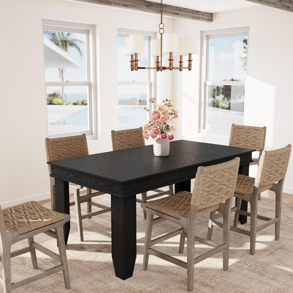 Dining Table Black Farmhouse Rectangular Seats Six-4