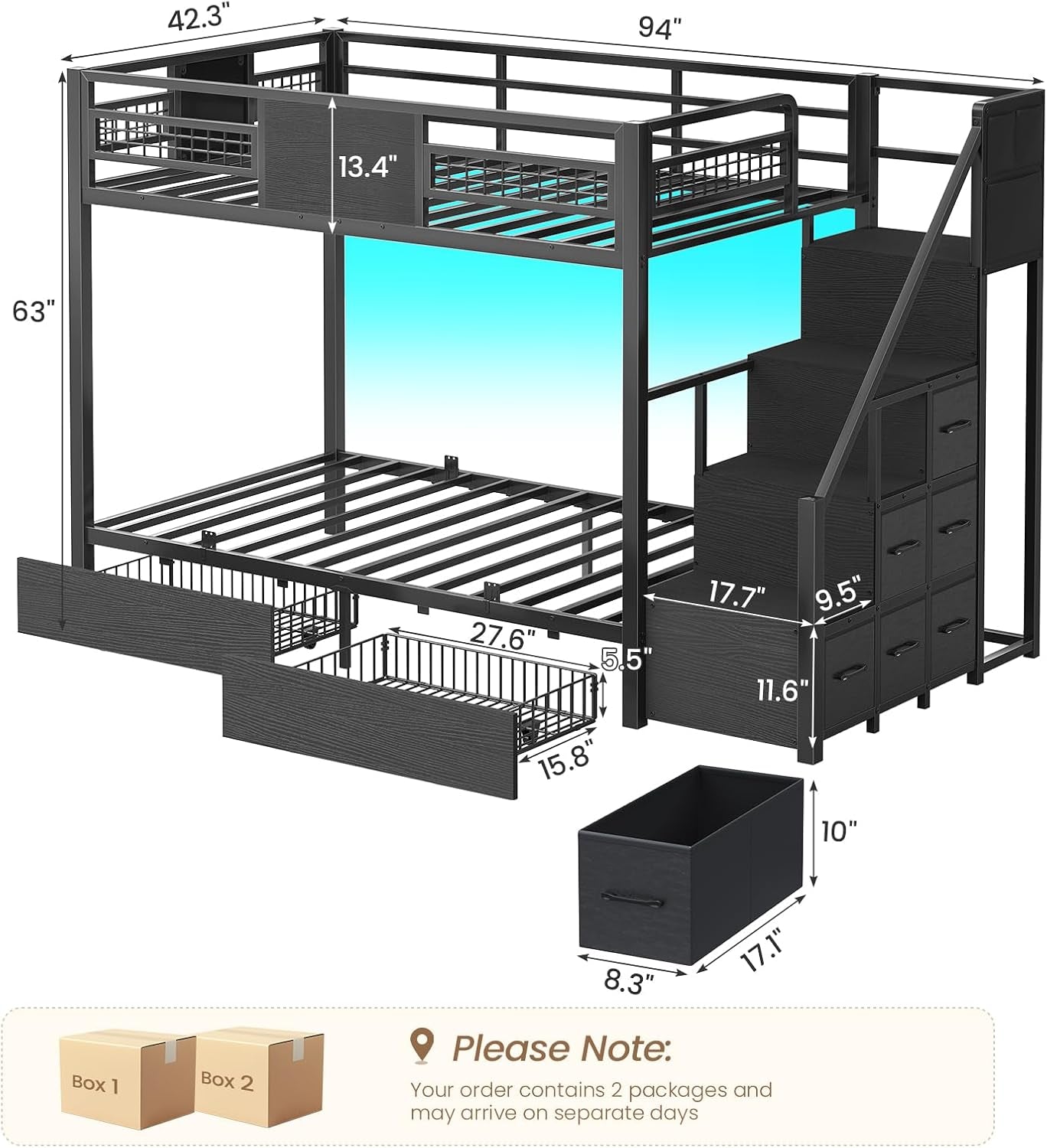 Metal Twin Sturdy Bunk Bed With Integrated Storage Drawers