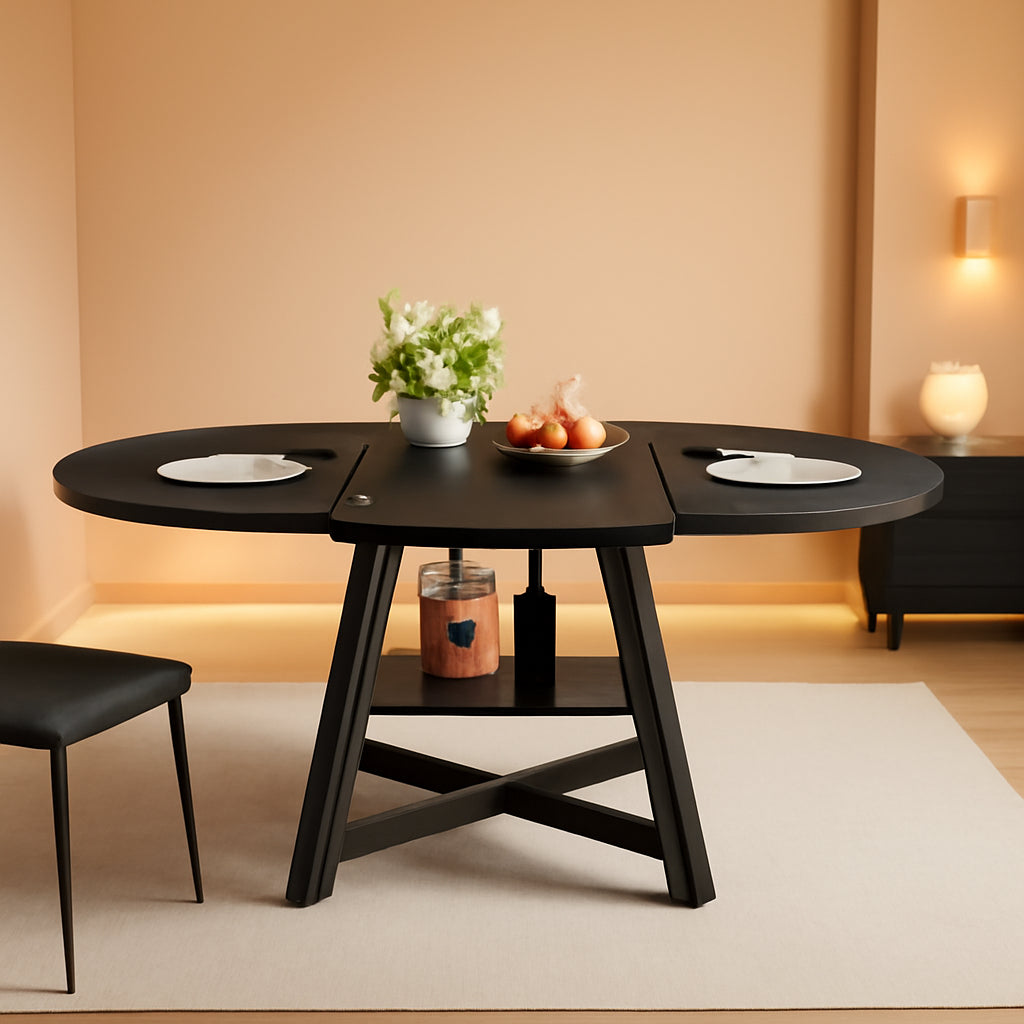 Black Industrial Expandable Oval Dining Table Shelves