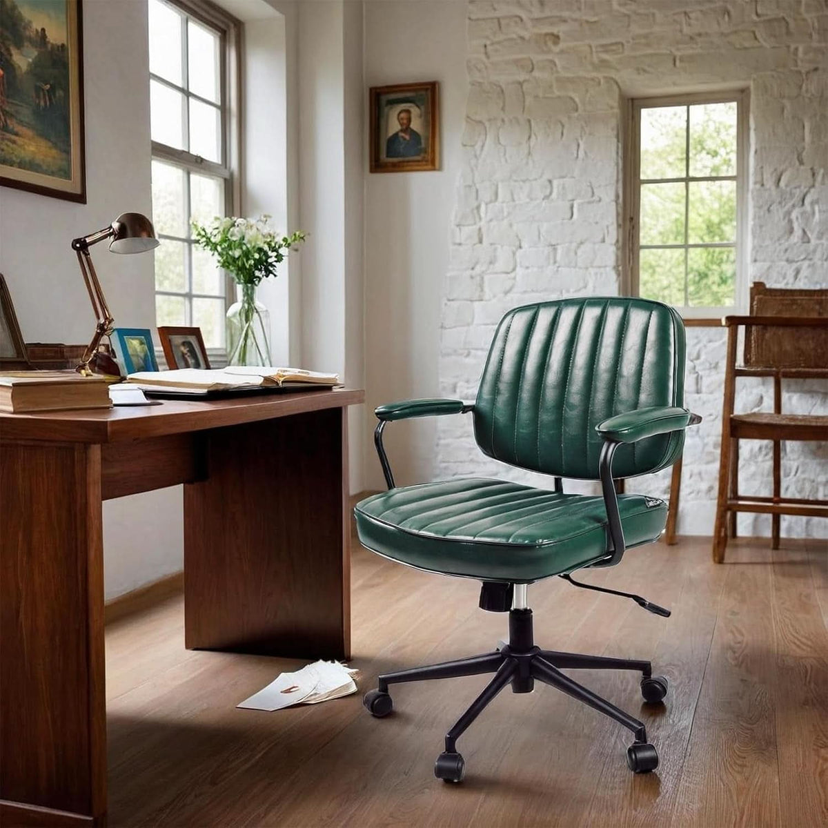 Green Leather Mid Century Office Chair With Wheels And Arms-2