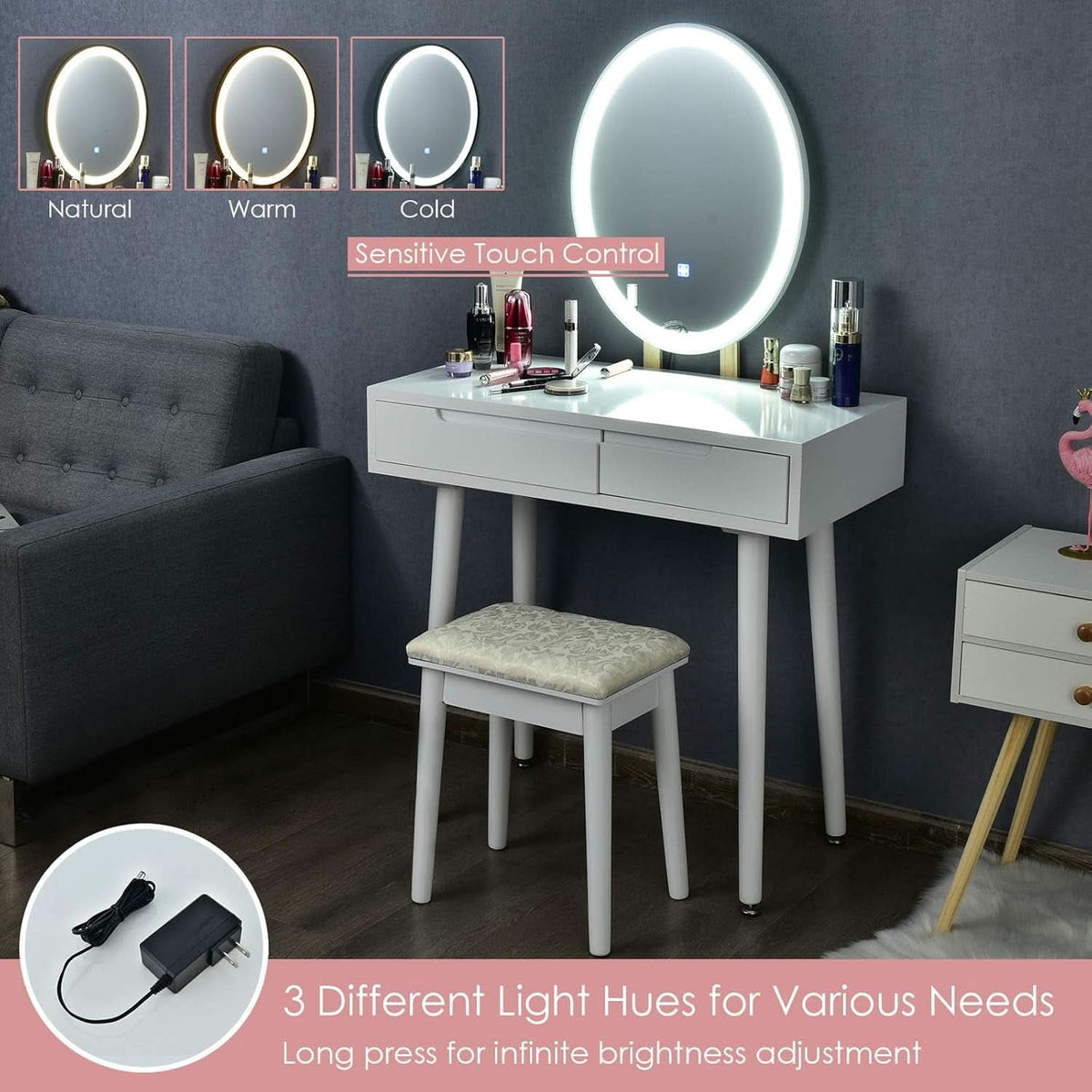 White Vanity Set With Illuminated Mirror Organization