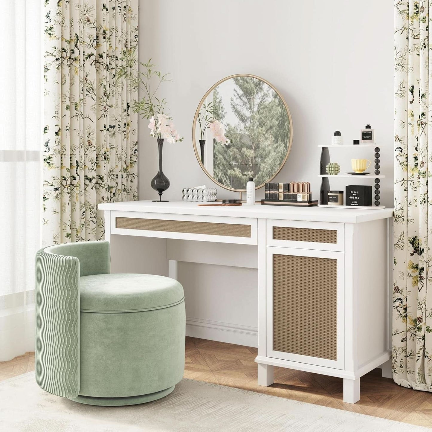 Emerald Velvet Vanity Ottoman With 360DegreeSwivel