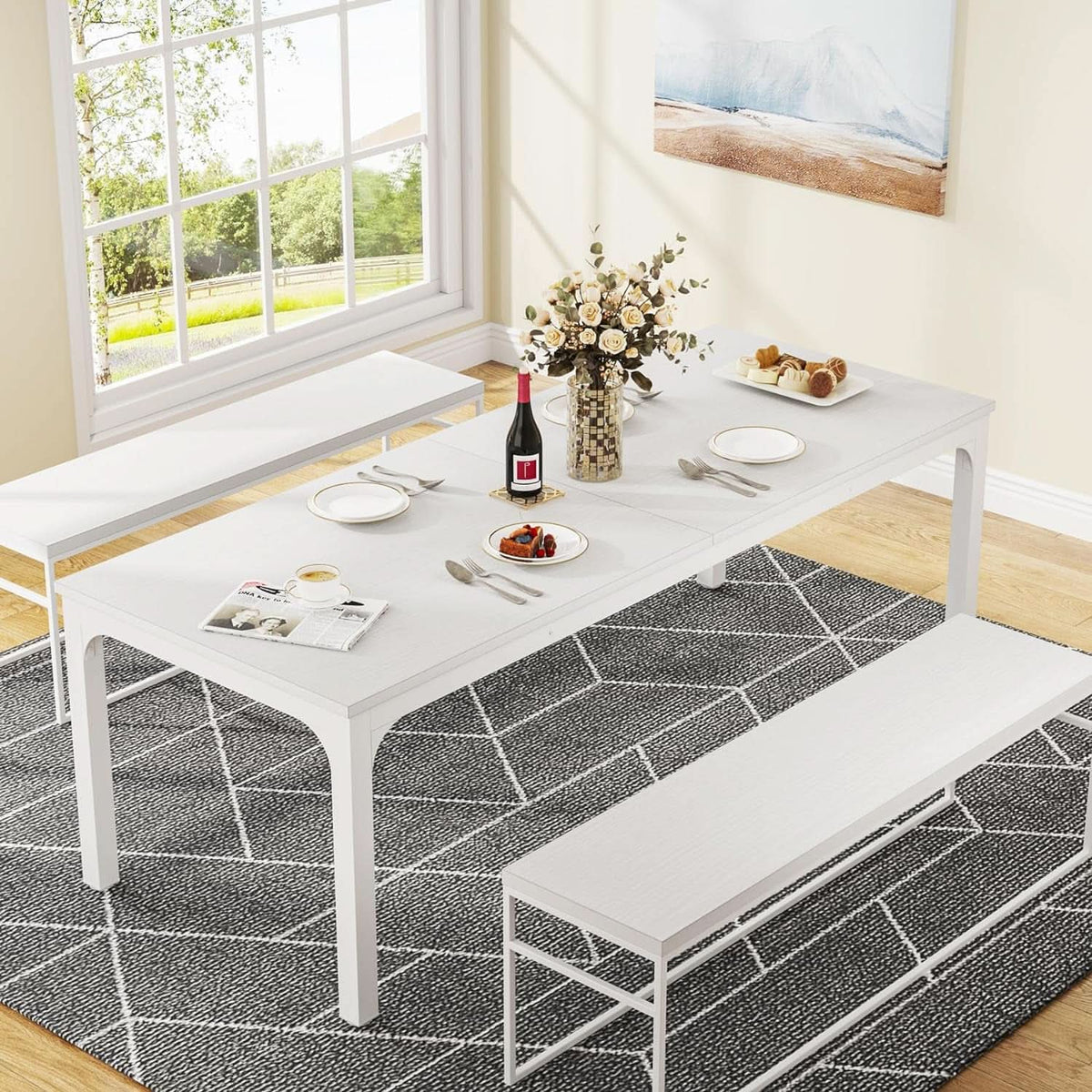 White 78-Inch Dining Table For 6-8, Rectangular Dining Room