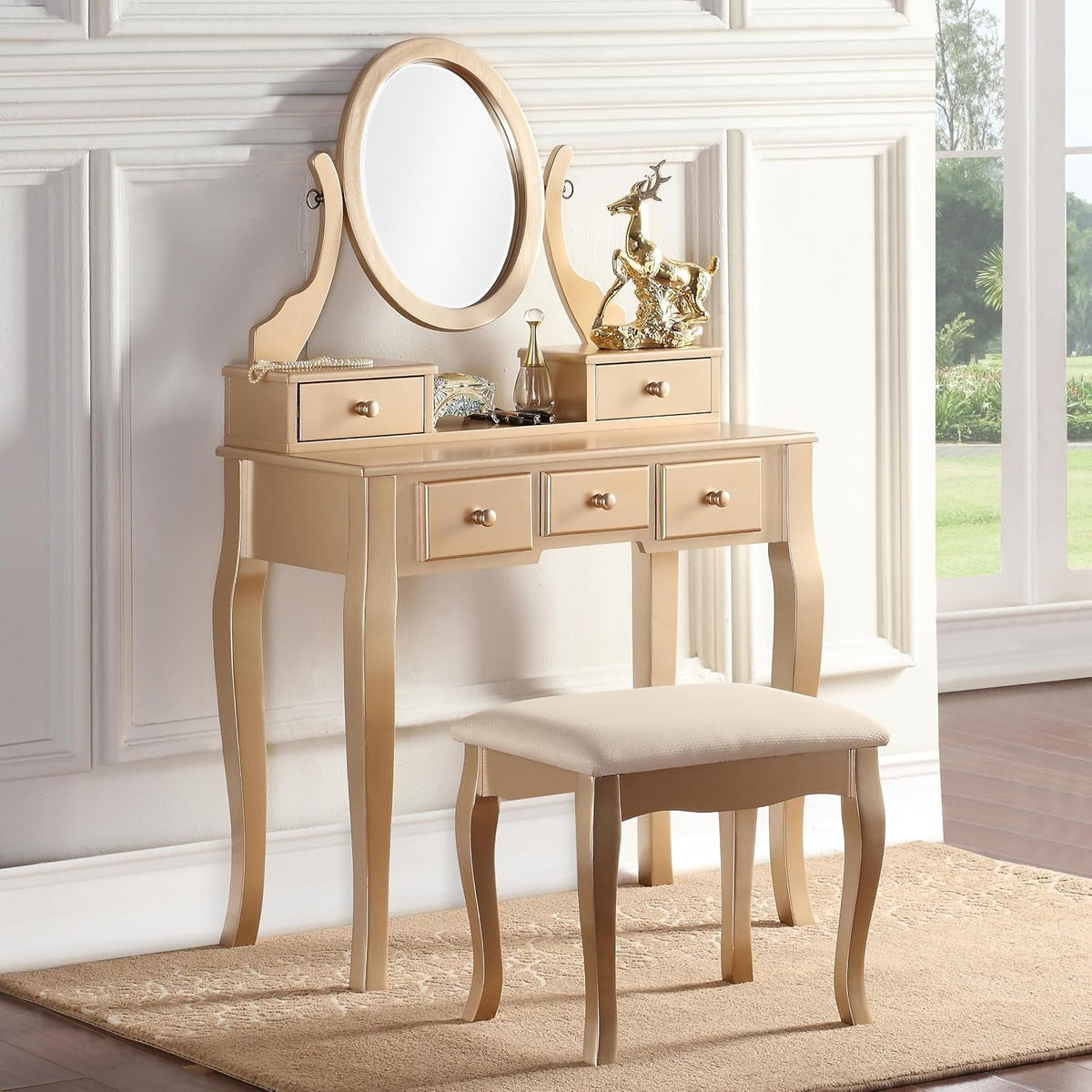 Gold Makeup Vanity Table With Customizable Storage