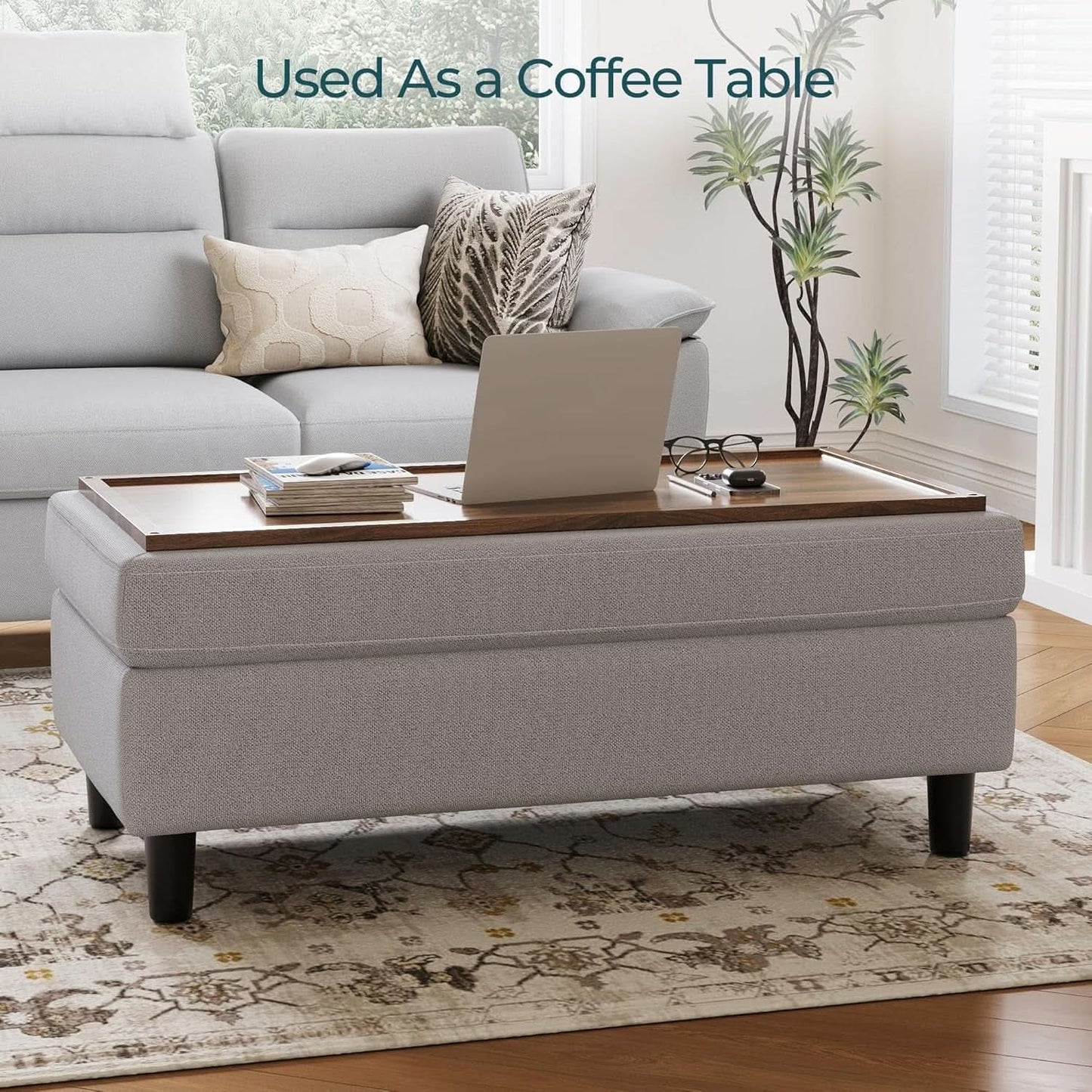 FortySixInch Grey Storage Ottoman Bench Upholstered Linen