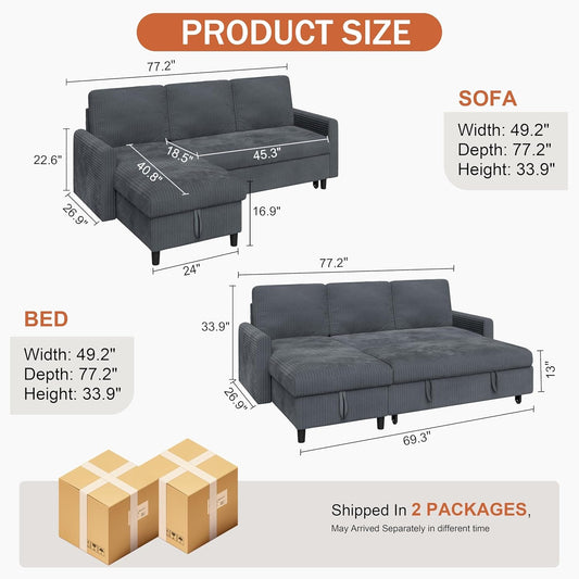 Dark Grey Corduroy Sleeper Sofa With Hidden Storage