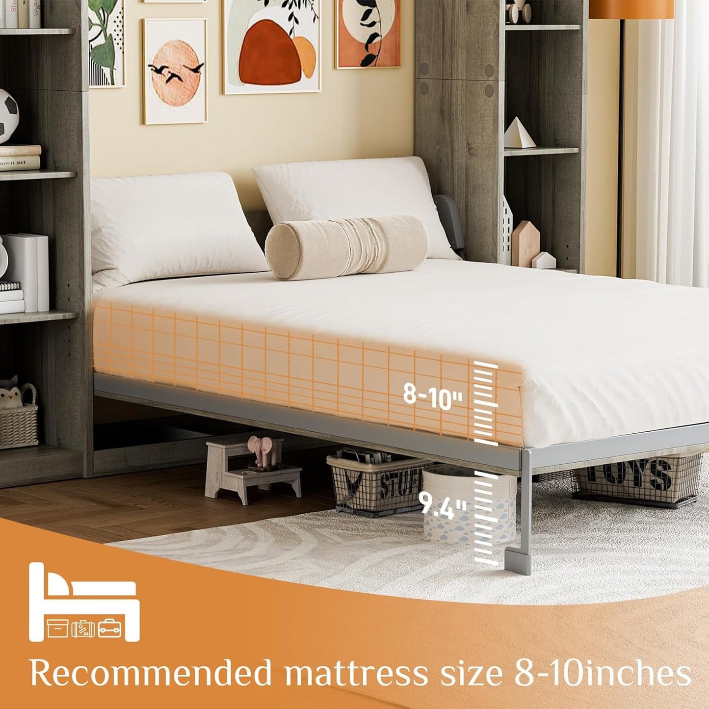 Grey Queen Murphy Bed With Multifunctional Storage-4
