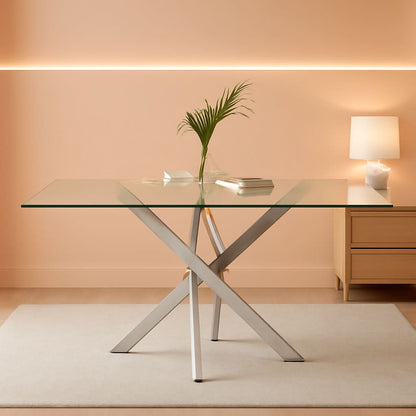 Tempered Glass Dining Table With Chromed Legs 47In White Silver