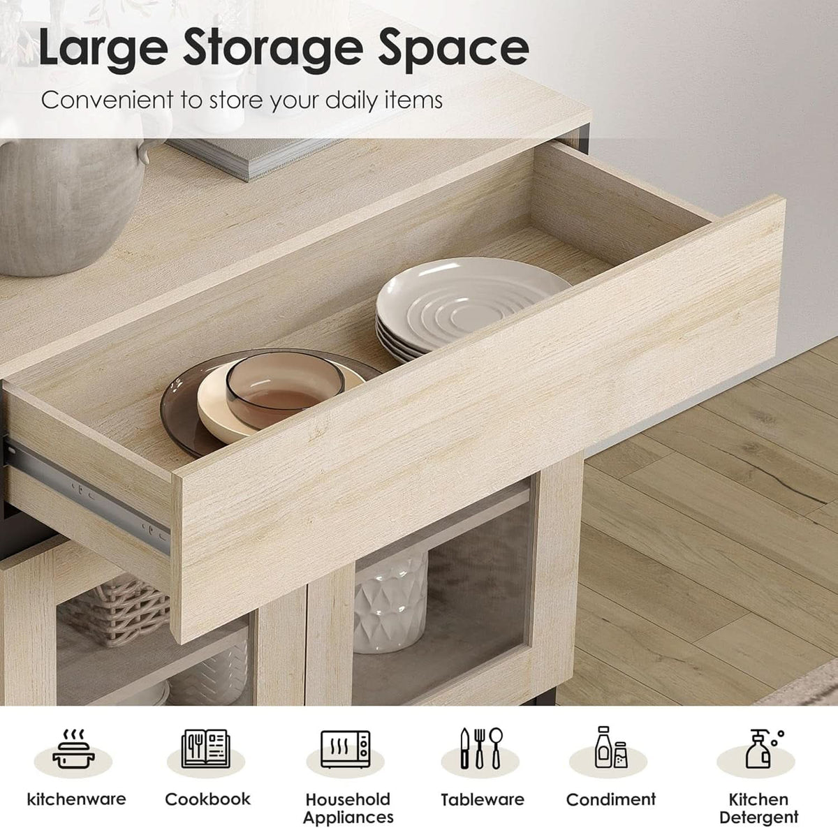 Oak Sideboard Buffet With Glass Doors Light Finish