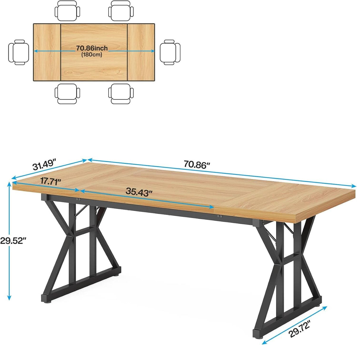 Farmhouse Dining Table 70.8 Inch Wood With Metal Legs