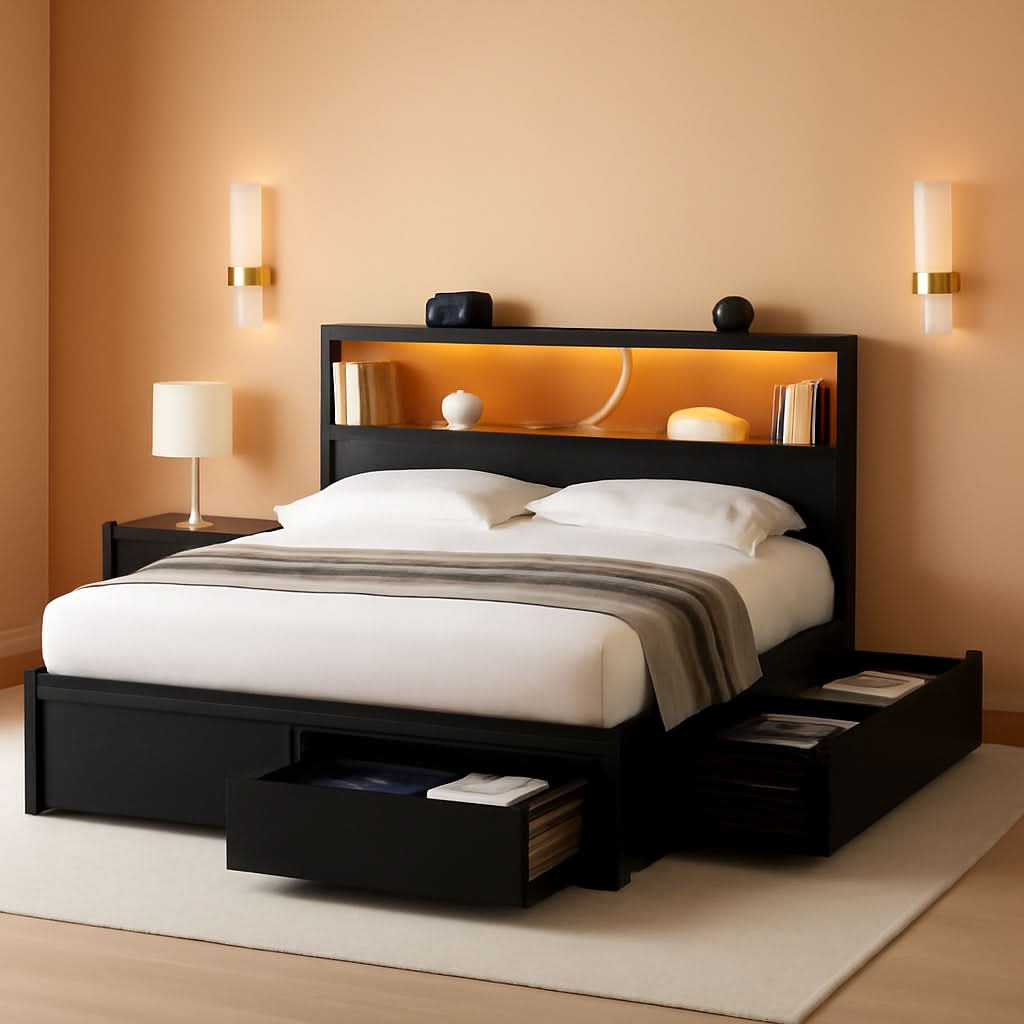 Vintage Black Queen Storage Bed Frame With USB Ports-0
