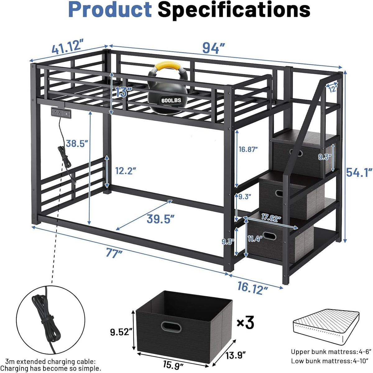 Black Twin Over Twin Metal Bunk Bed Storage Drawers