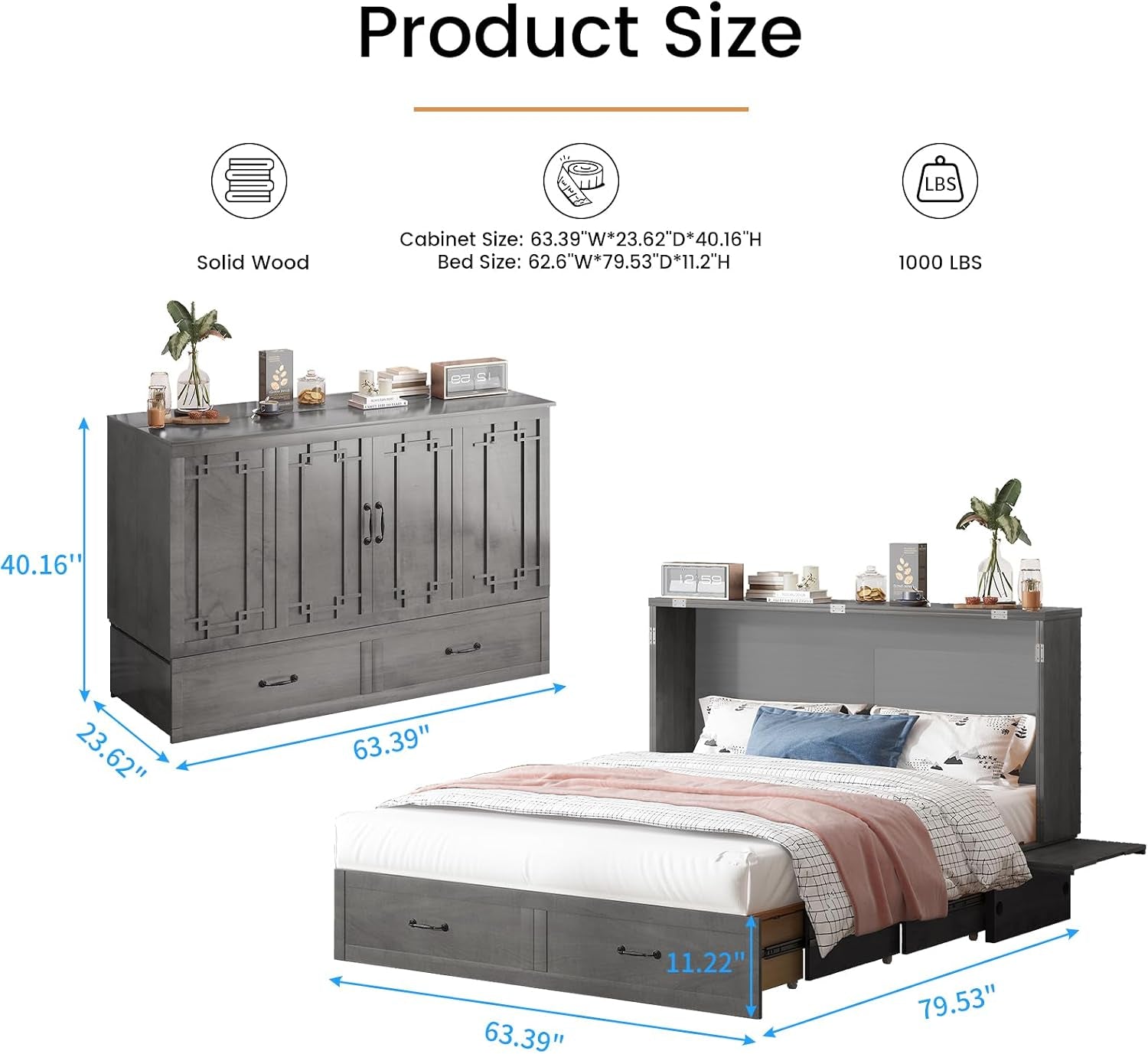 Queen Murphy Cabinet Bed With Hidden Storage Drawer-2