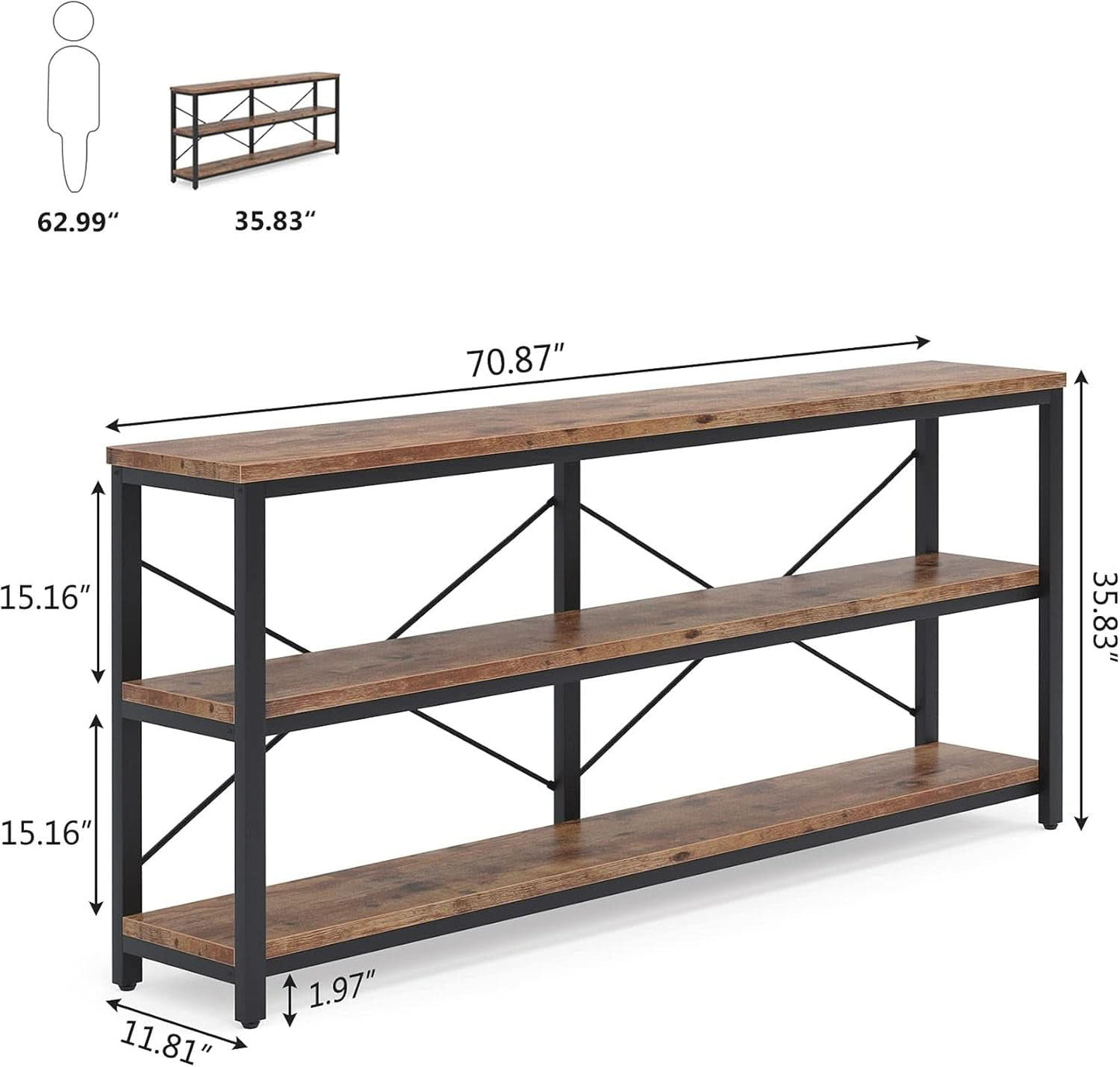 70 Inch Weathered Rustic Brown Sofa Console Table Three Tier