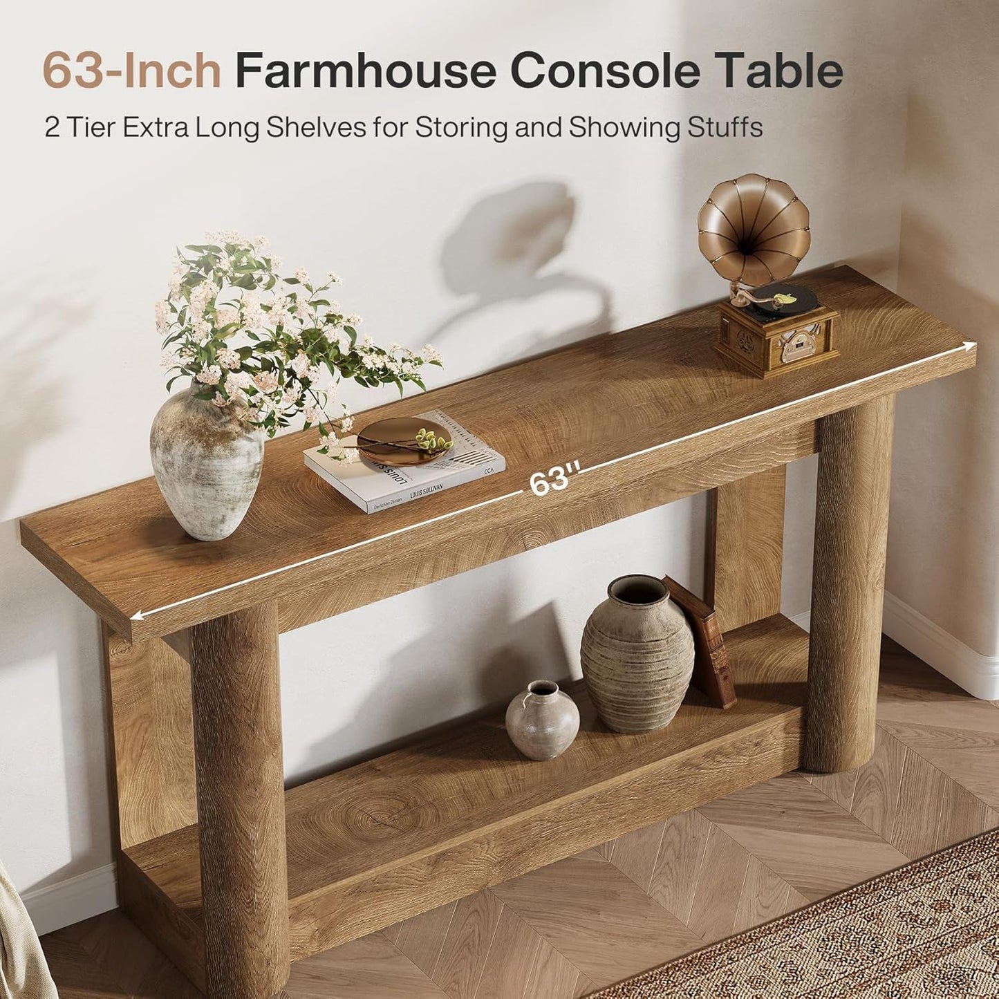 63-Inch Farmhouse Console Table, 2-Tier Storage Sofa Table behind the Couch