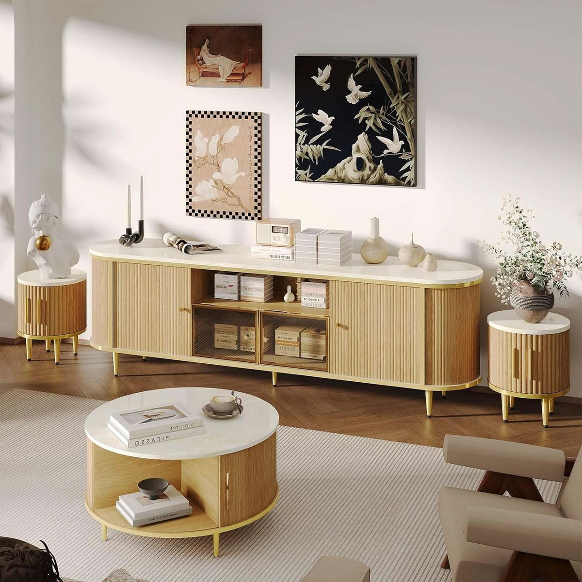 Fluted SeventyInch TV Console Set Premium Wood Coated Edition