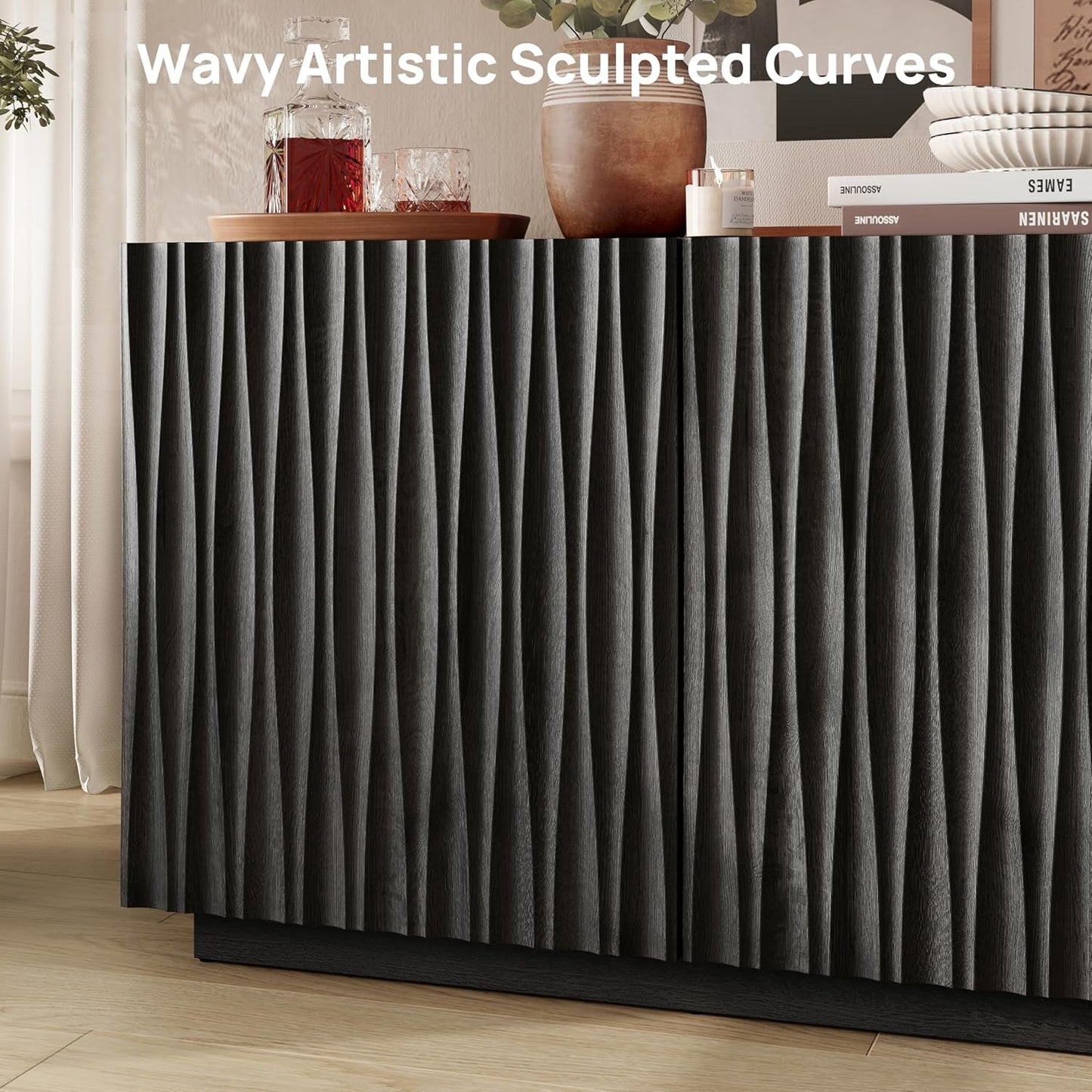 Minimalist Matte Black Fluted Mid Century Sideboard