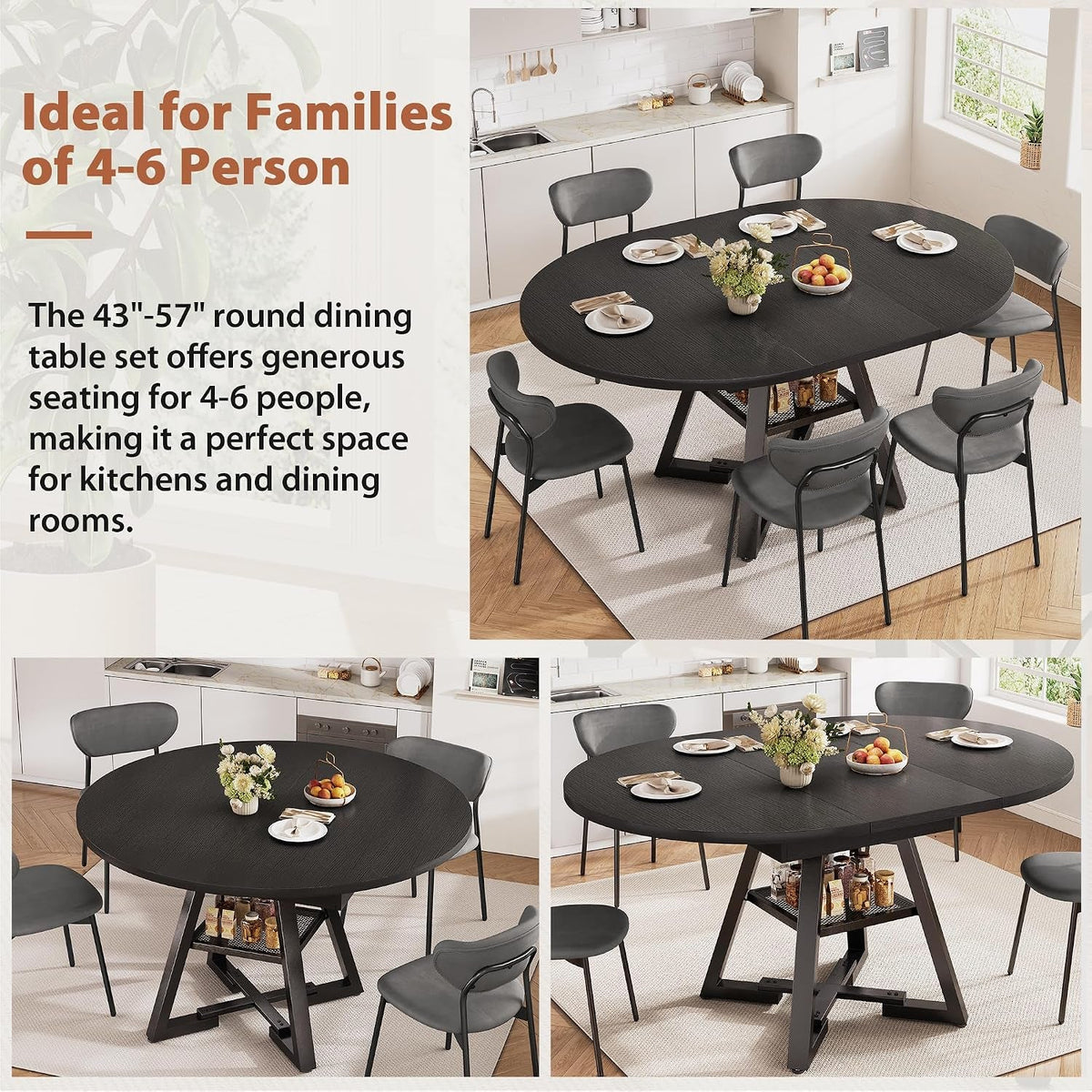 Black Industrial Expandable Oval Dining Table Shelves