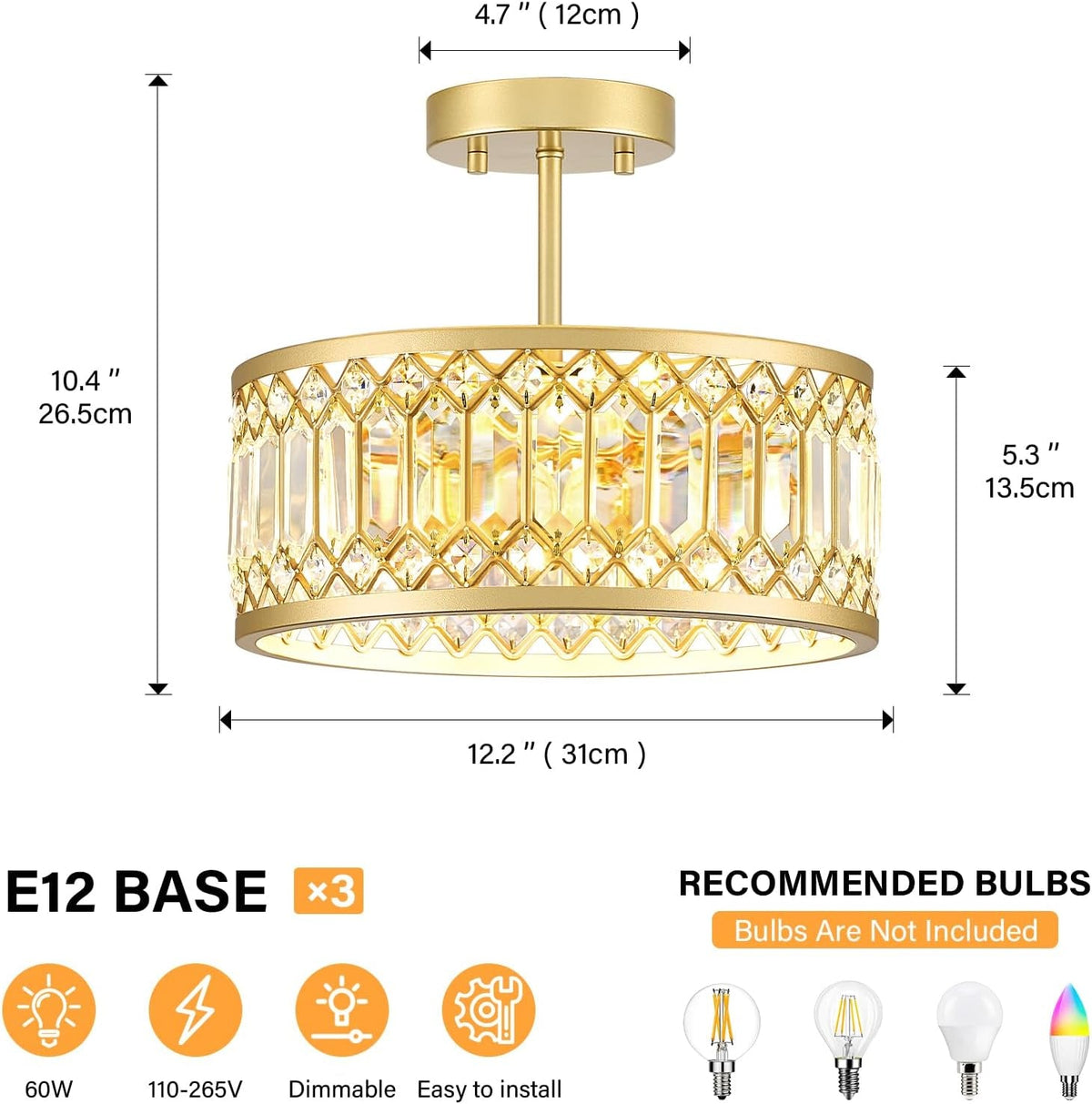 Crystal Ceiling Light 12Inch Gold Chandelier Fixture
