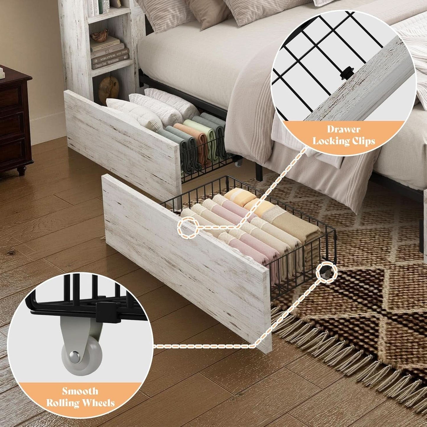 White Queen Bed Frame Featuring Book case Head board