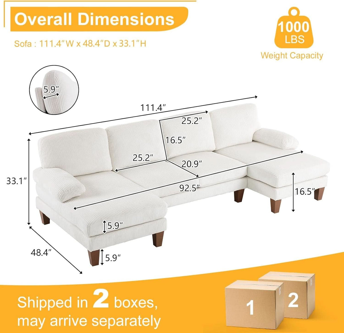 Beige 111 Inch U Shape Corduroy Sectional Sofa With Chaises-1