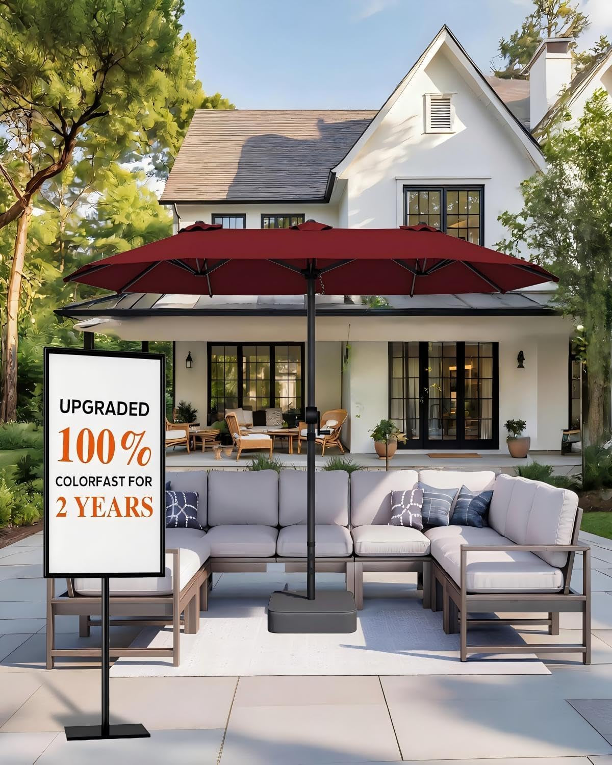 Fifteen Foot Burgundy Patio Umbrella With Base Included