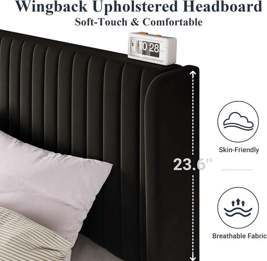 Queen Size Velvet Bed Frame With Wingback Headboard Storage