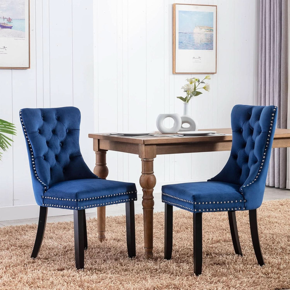 Tufted Velvet Dining Chairs Set of 4 Blue With Nailhead Back