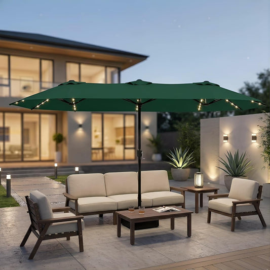 15 Foot Solar LED Double Sided Outdoor Umbrella With Base