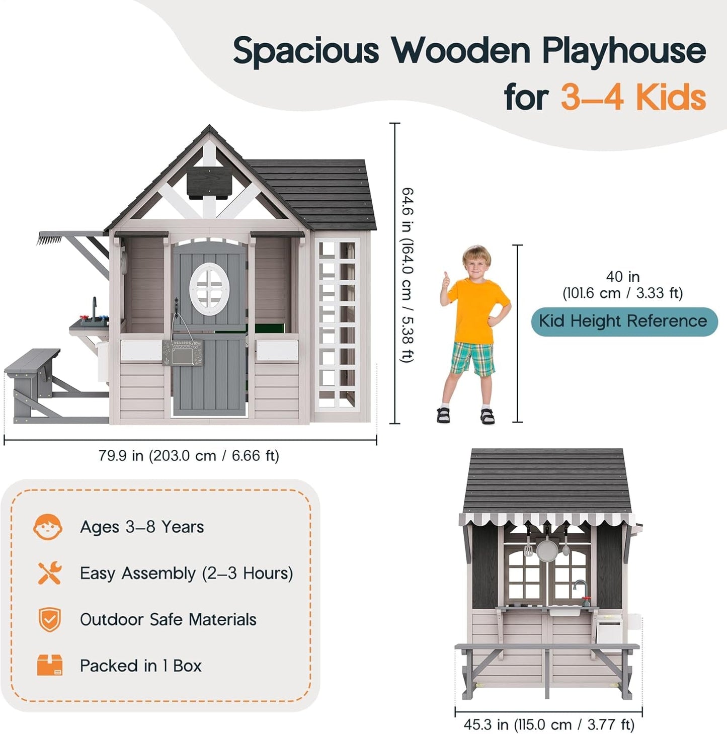 Large Wooden Outdoor Playhouse With Kitchen Features