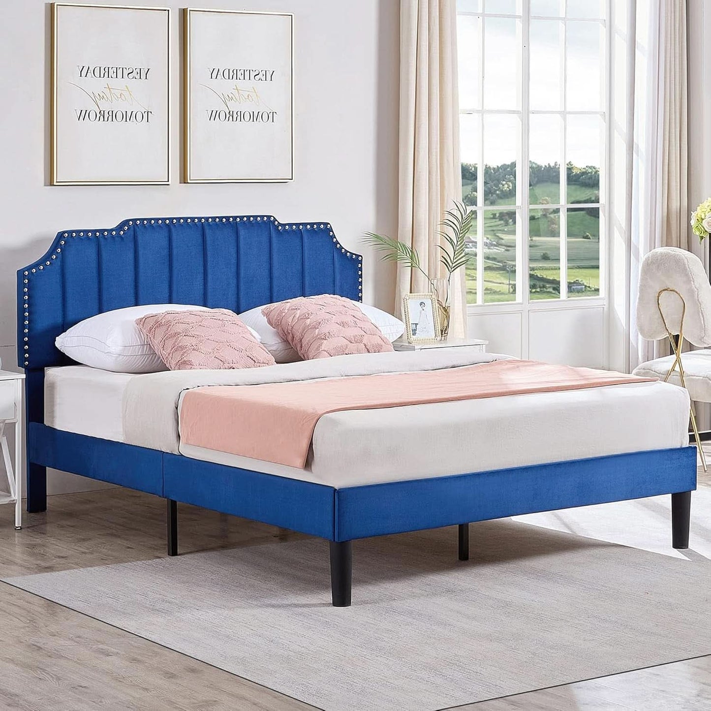 Full Upholstered Platform Bed Navy Blue Tufted Headboard