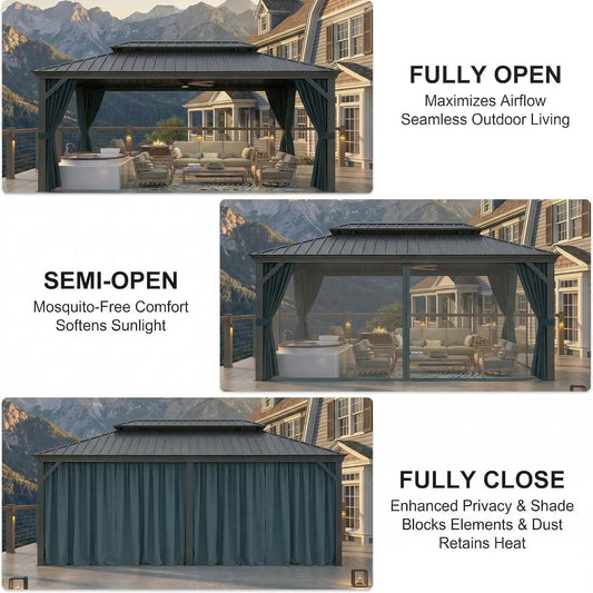 10x15 Hardtop Gazebo Black Flame Retardant Curtain