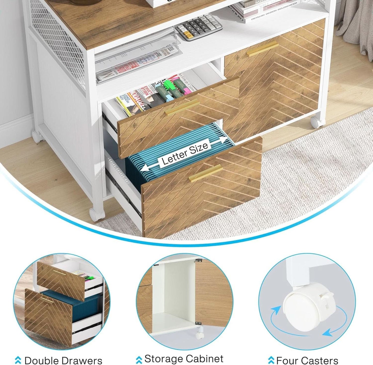 Modern File Cabinet With Drawers In Dark Walnut Casters