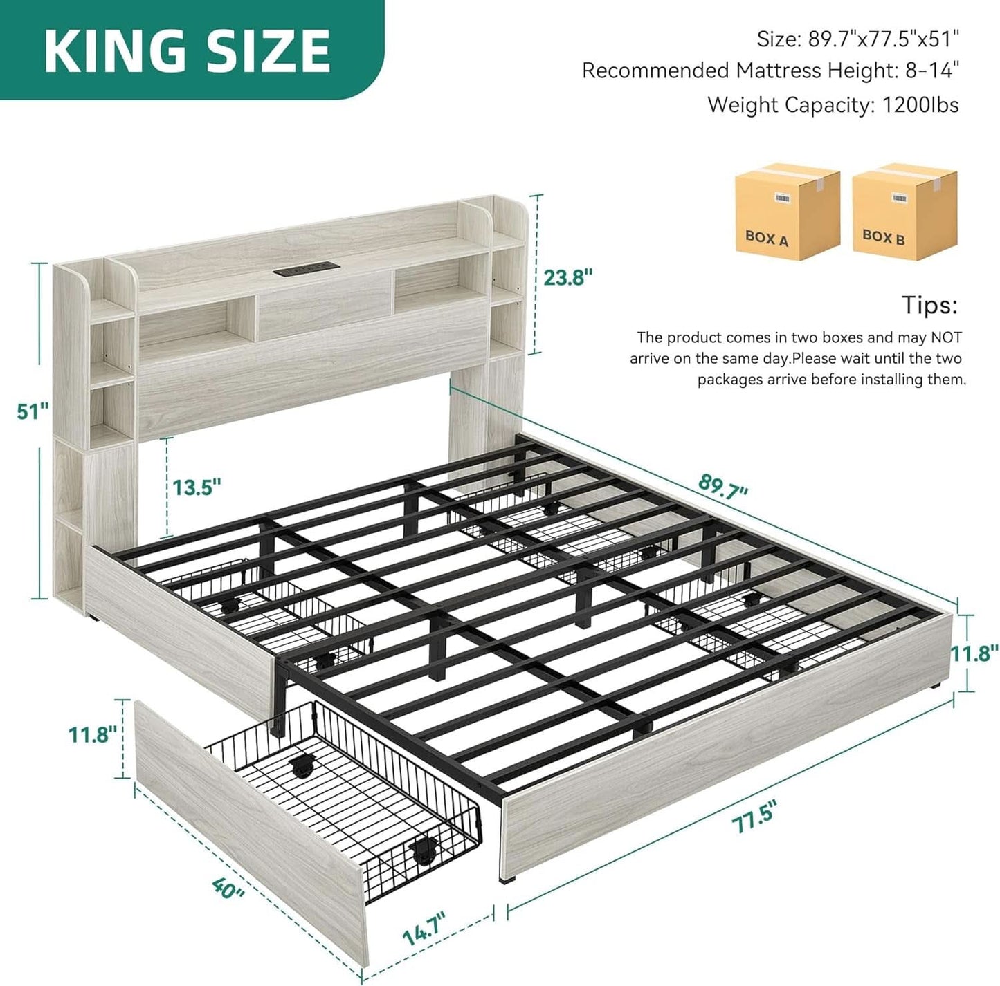King Size Bed Frame Antique White With Bookcase Headboard