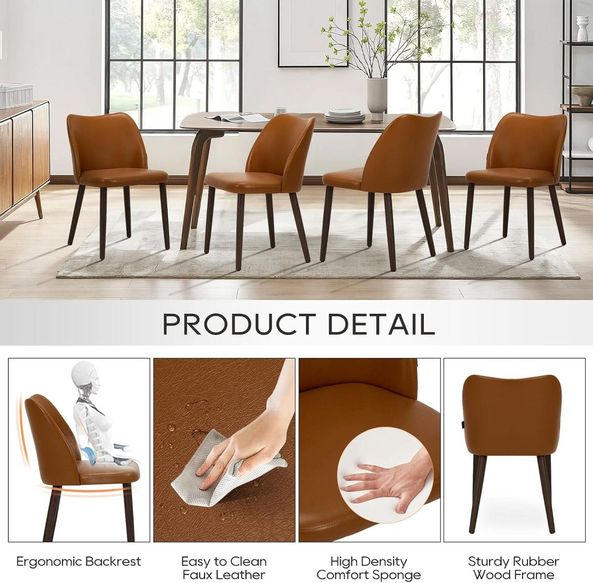 Upholstered Dining Chairs Set Of Four Brown PU Leather