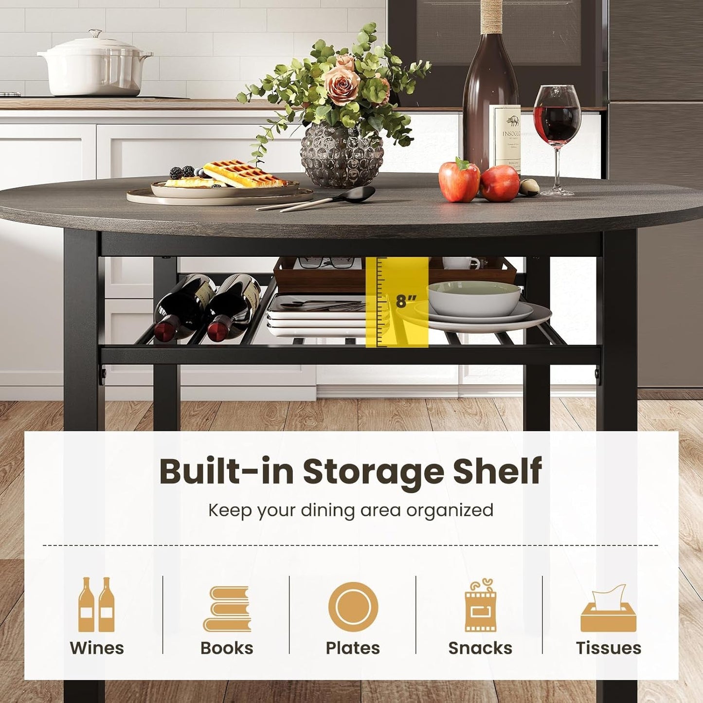 Forty Inch Round Dining Table With Storage Shelf Gray