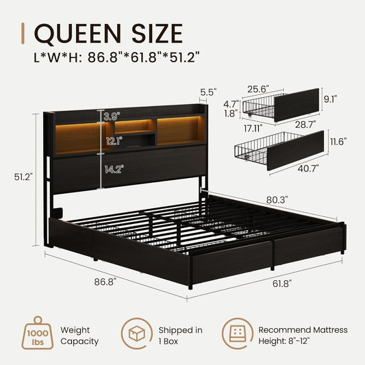 Vintage Black Queen Storage Bed Frame With USB Ports-1