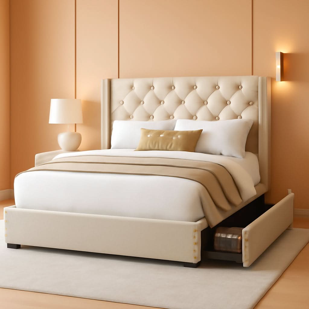 Queen Bed Frame Beige Linen Upholstered Storage Drawers