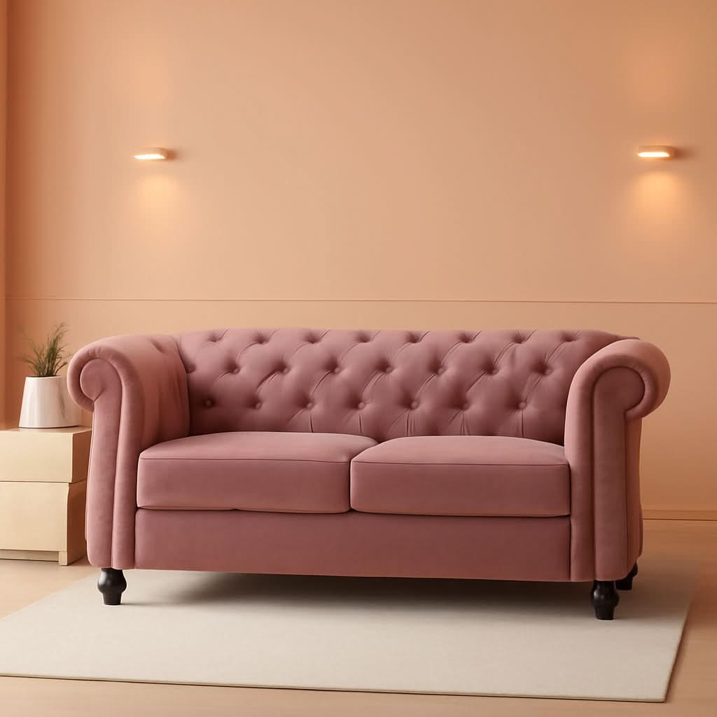 Modern Pink Velvet Chesterfield Loveseat With Tufted Back