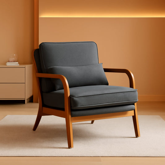 Gray Linen Upholstered MidCentury Chair With Pillow