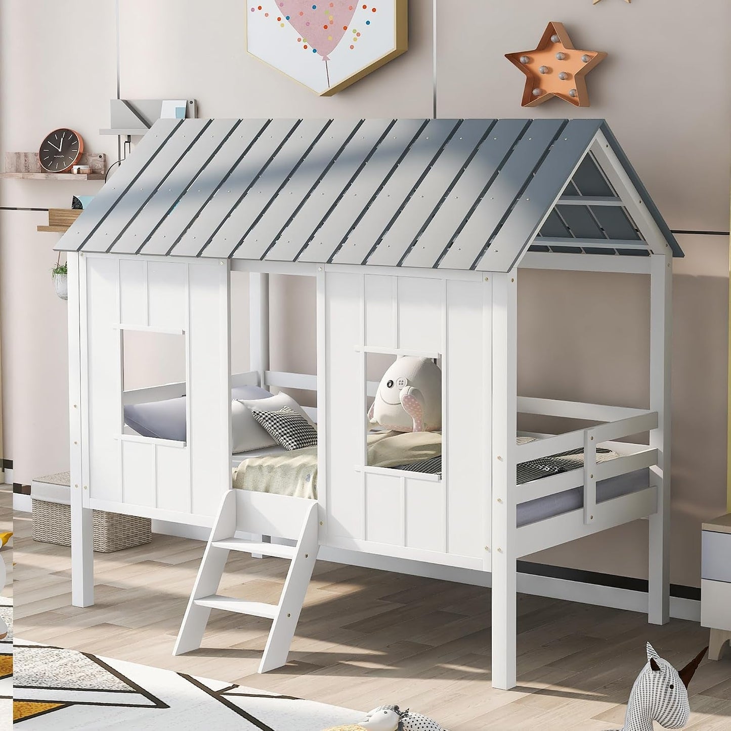 Twin Size White Loft Bed With Windows
