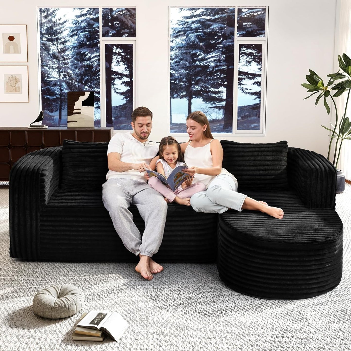96 Inches Stripe Black PremiumCloudlike Sectional Sofa