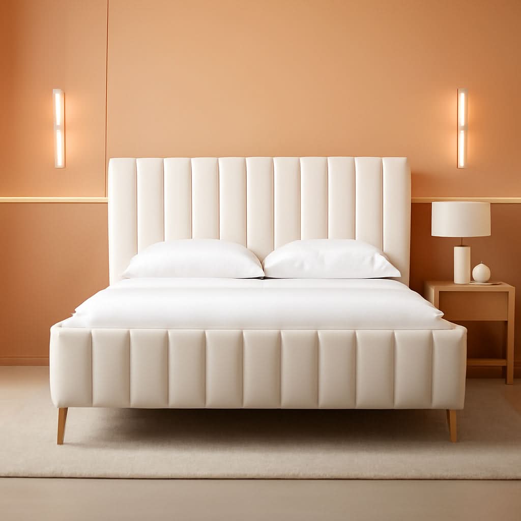 Queen Size Velvet Platform Bed With Ivory Upholstered Head board